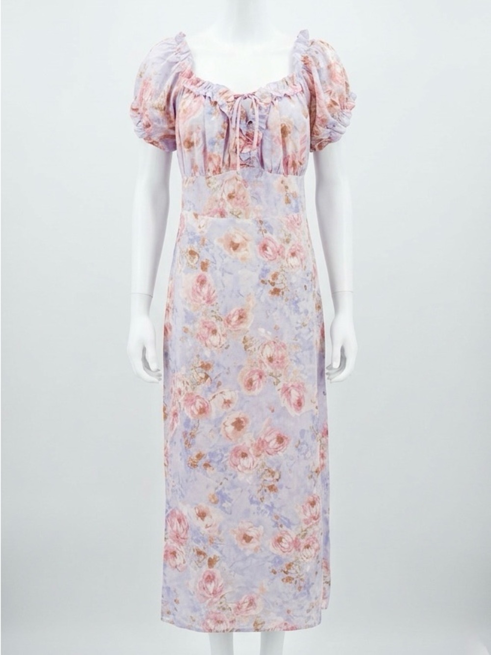 NWT Cider Floral Smocked Puff Sleeve Slit Midi Dress Lavender Peach Size 1XL